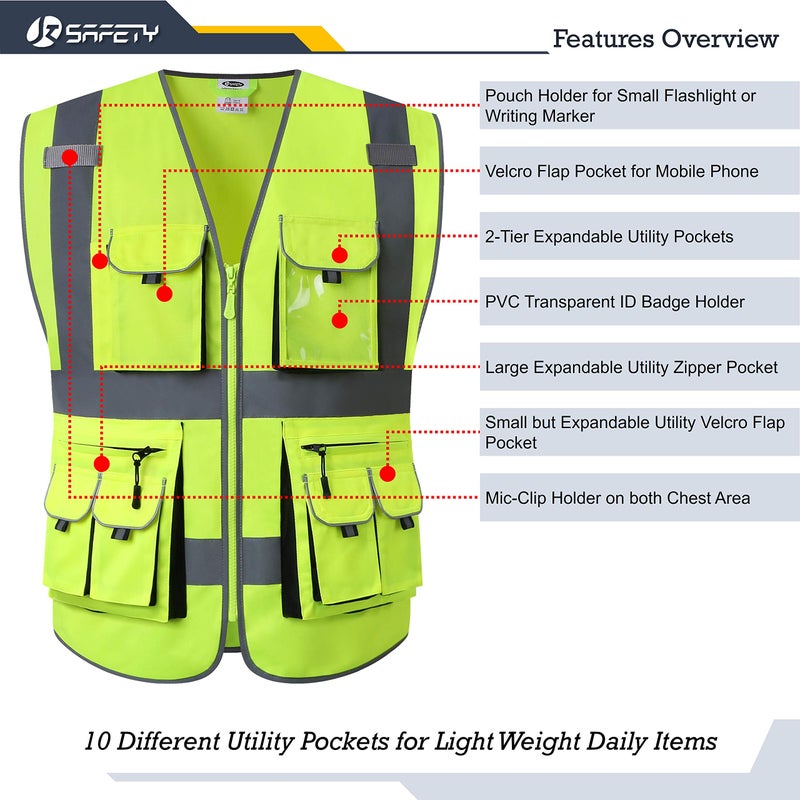 JKSafety 10 Pockets Class 2 High Visibility Zipper Front Safety Vest Yellow with High Reflective Strips Meets ANSI/ISEA Standards (88-Yellow, X-Large) - Image 4